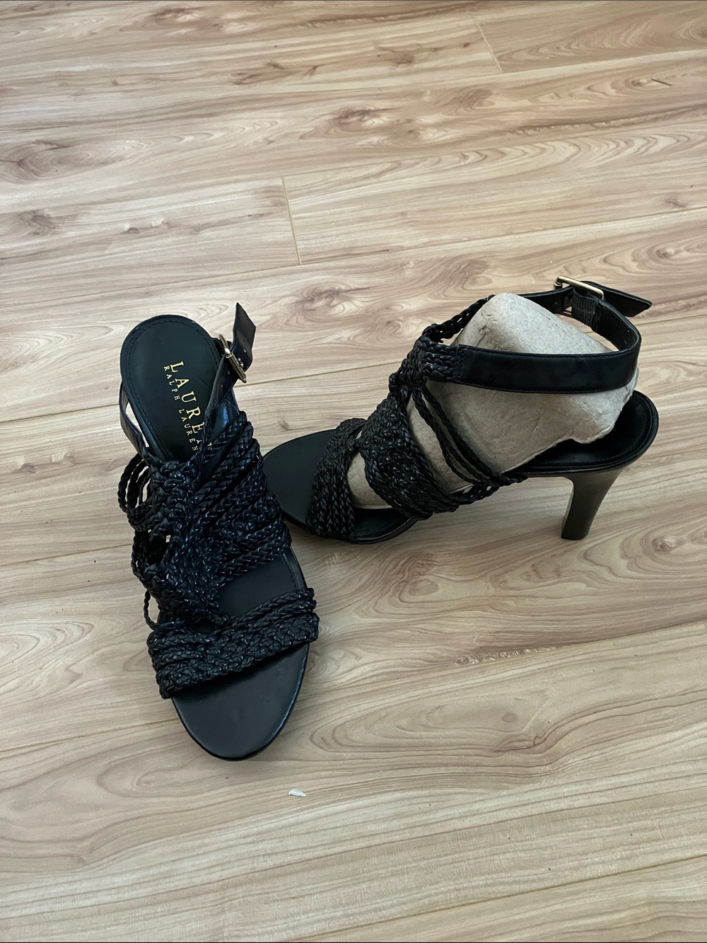 Lauren Ralph Lauren Black Braided-Strap Mid-Heel Sandals